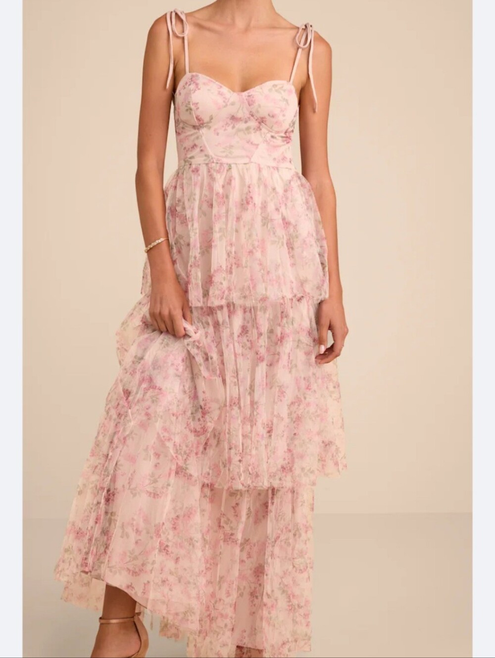 Lulus Blissfully Gorgeous Blush Floral Tie-Strap Bustier Maxi Dress